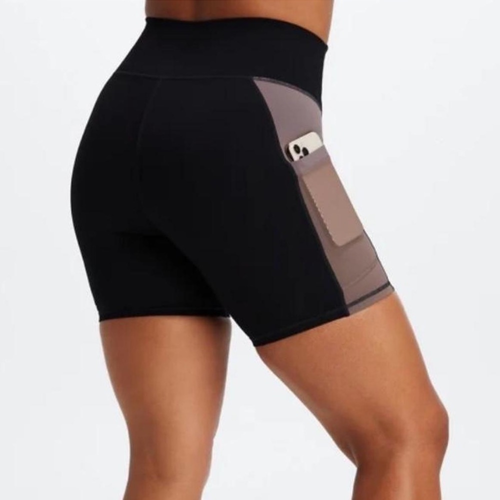 Fabletics Black and Brown Bike Shorts High-Waisted Moisture-Wicking